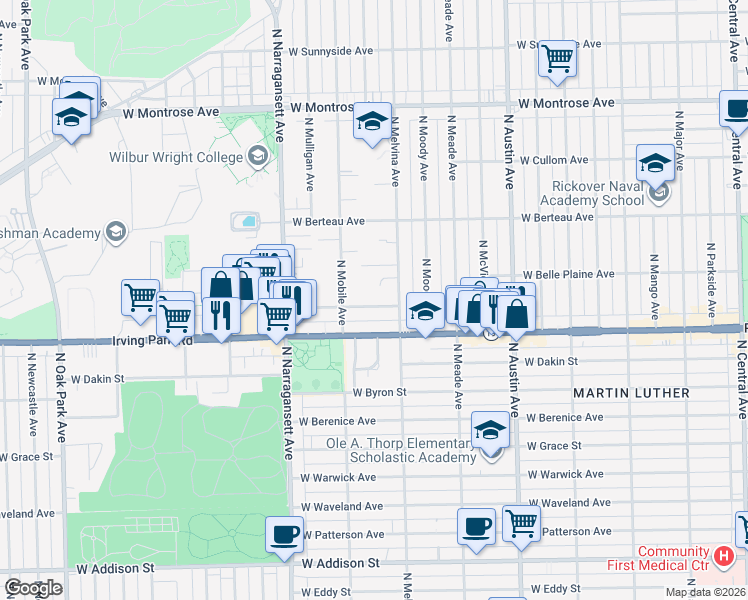 map of restaurants, bars, coffee shops, grocery stores, and more near 6233 West Cuyler Avenue in Chicago