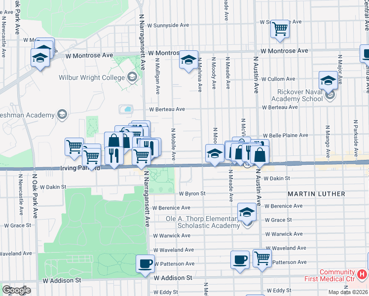 map of restaurants, bars, coffee shops, grocery stores, and more near 6233 West Cuyler Avenue in Chicago