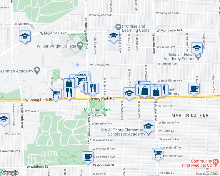 map of restaurants, bars, coffee shops, grocery stores, and more near 6233 West Cuyler Avenue in Chicago