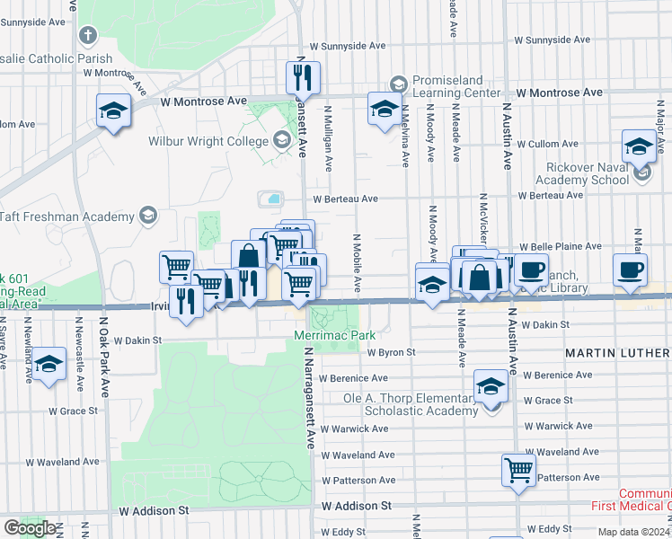 map of restaurants, bars, coffee shops, grocery stores, and more near 6309 West Cuyler Avenue in Chicago