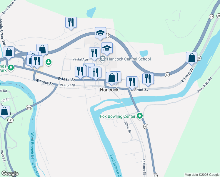 map of restaurants, bars, coffee shops, grocery stores, and more near 90 East Front Street in Hancock