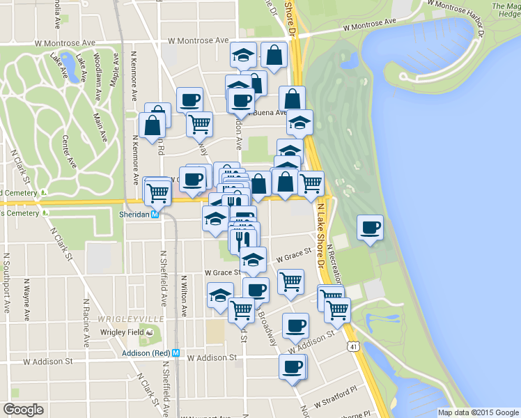 map of restaurants, bars, coffee shops, grocery stores, and more near 3920 North Pine Grove Avenue in Chicago