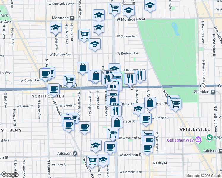 map of restaurants, bars, coffee shops, grocery stores, and more near 1615 West Irving Park Road in Chicago