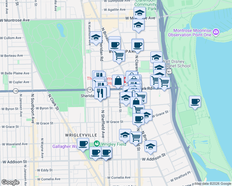 map of restaurants, bars, coffee shops, grocery stores, and more near 903 West Dakin Street in Chicago