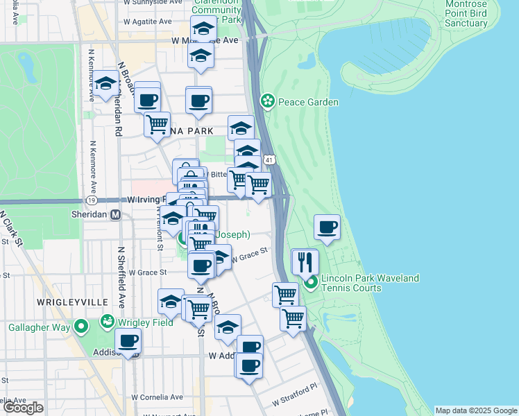 map of restaurants, bars, coffee shops, grocery stores, and more near 3950 North Lake Shore Drive in Chicago