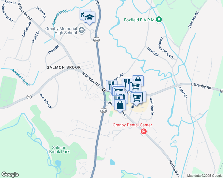 map of restaurants, bars, coffee shops, grocery stores, and more near 8 East Granby Road in Granby
