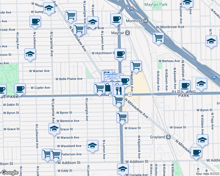 map of restaurants, bars, coffee shops, grocery stores, and more near 4828 Illinois 19 in Chicago