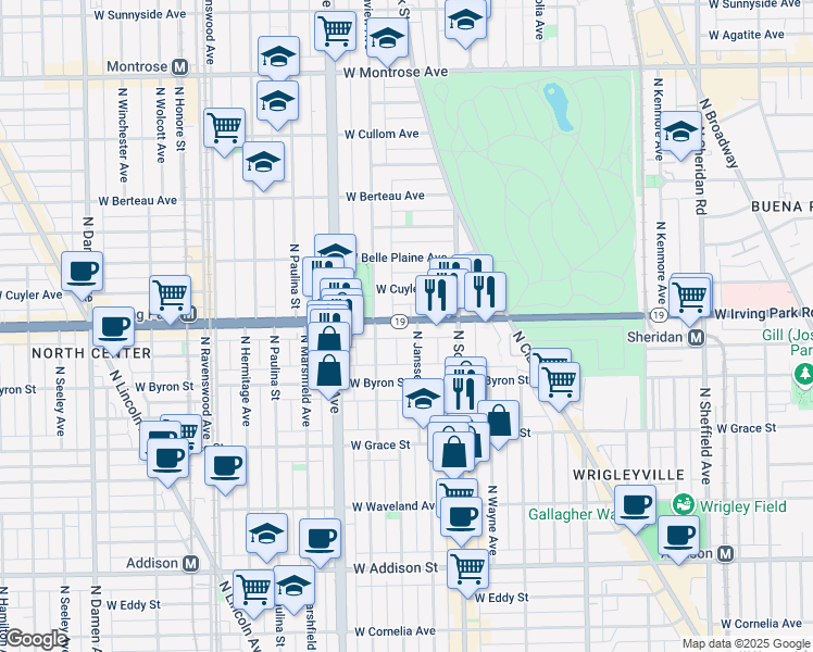 map of restaurants, bars, coffee shops, grocery stores, and more near 3934 North Janssen Avenue in Chicago