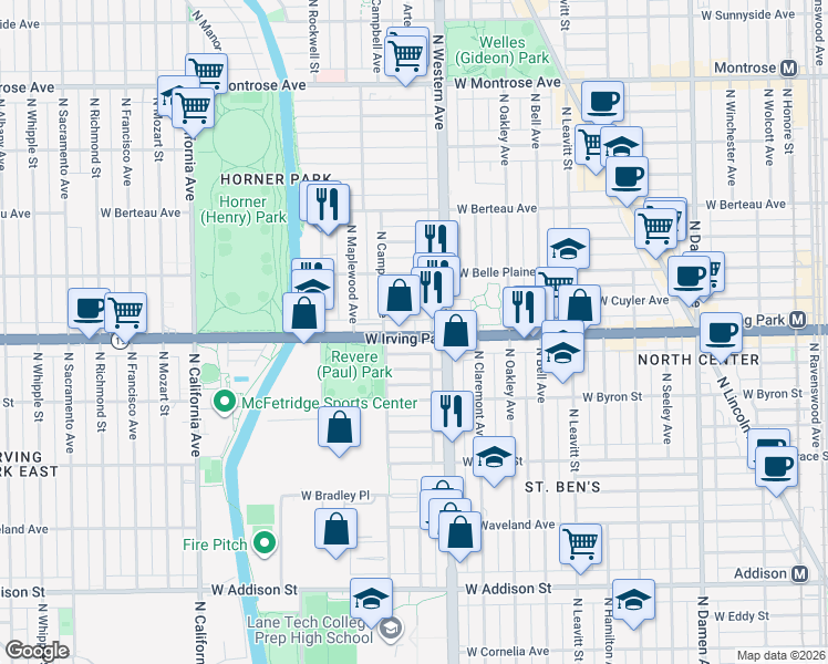 map of restaurants, bars, coffee shops, grocery stores, and more near 2440 West Dakin Street in Chicago