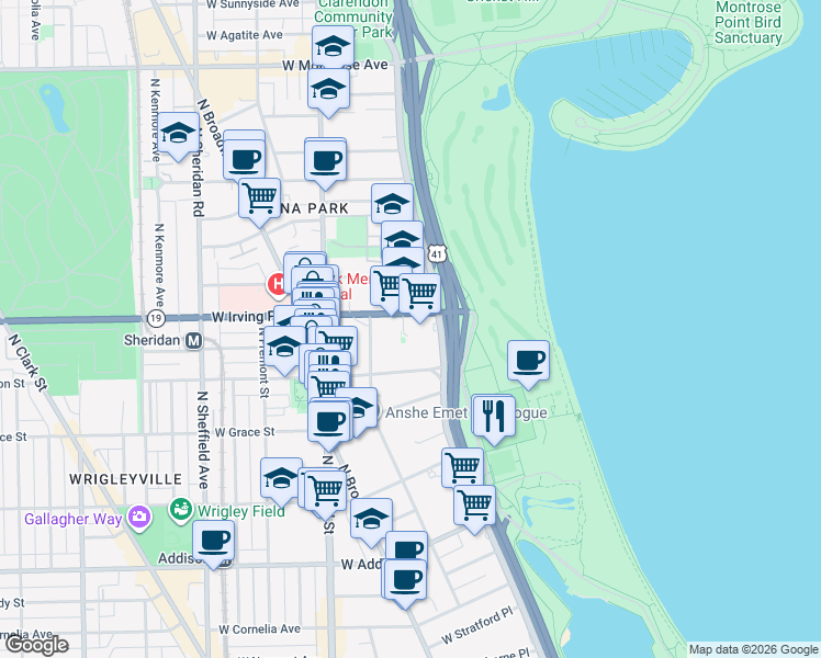 map of restaurants, bars, coffee shops, grocery stores, and more near 638 West Sheridan Road in Chicago