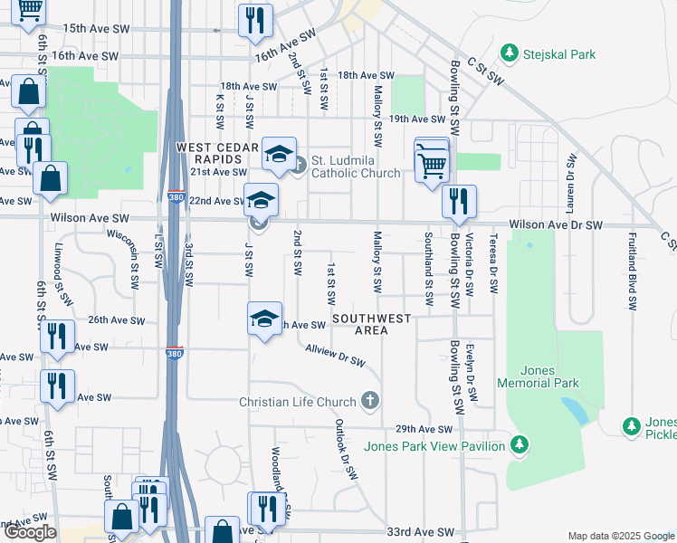 map of restaurants, bars, coffee shops, grocery stores, and more near 2444 1st Street Southwest in Cedar Rapids
