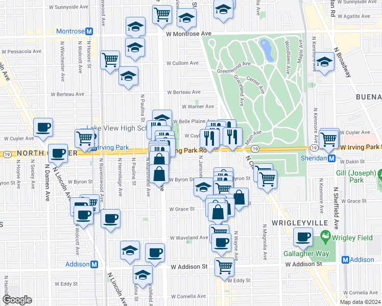 map of restaurants, bars, coffee shops, grocery stores, and more near 1467 Illinois 19 in Chicago