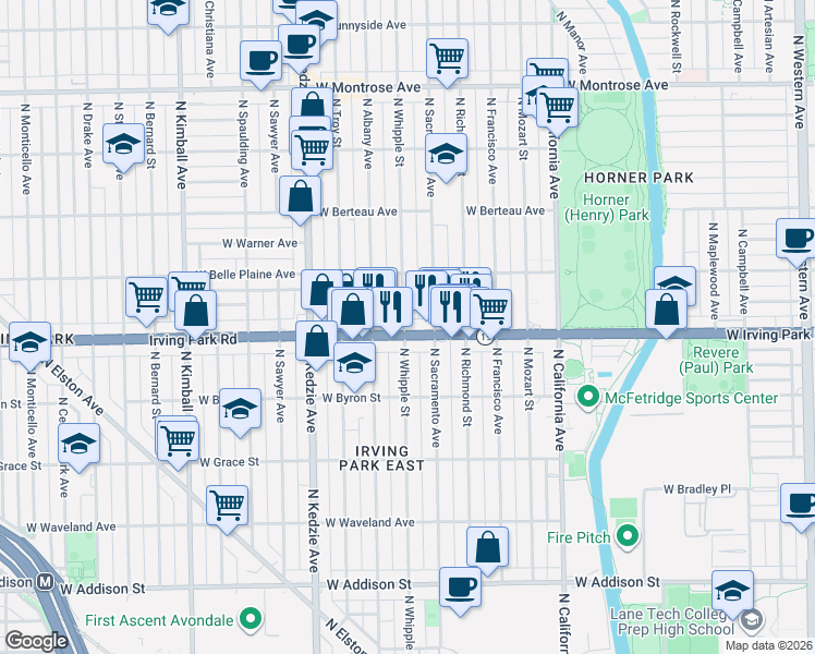 map of restaurants, bars, coffee shops, grocery stores, and more near 3024 West Irving Park Road in Chicago