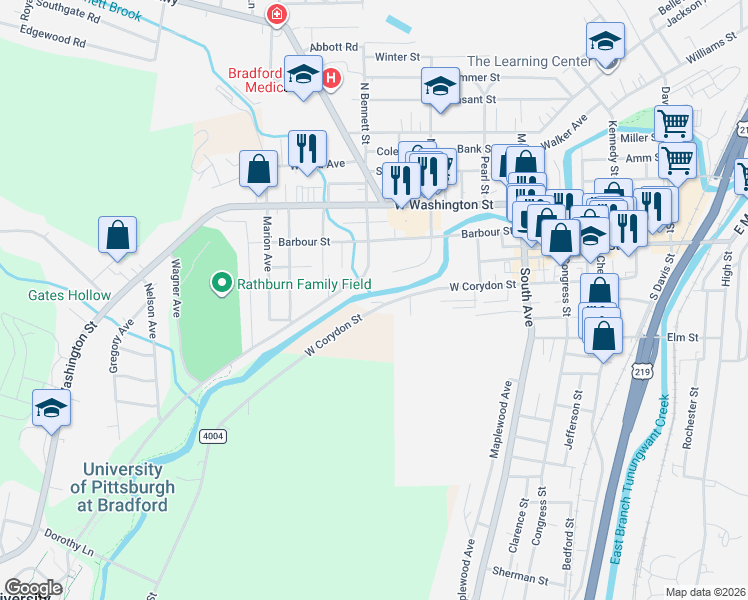 map of restaurants, bars, coffee shops, grocery stores, and more near 141-315 West Corydon Street in Bradford