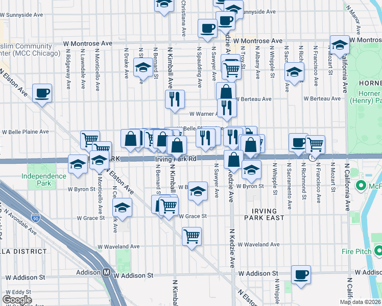 map of restaurants, bars, coffee shops, grocery stores, and more near 3309 Irving Park Road in Chicago