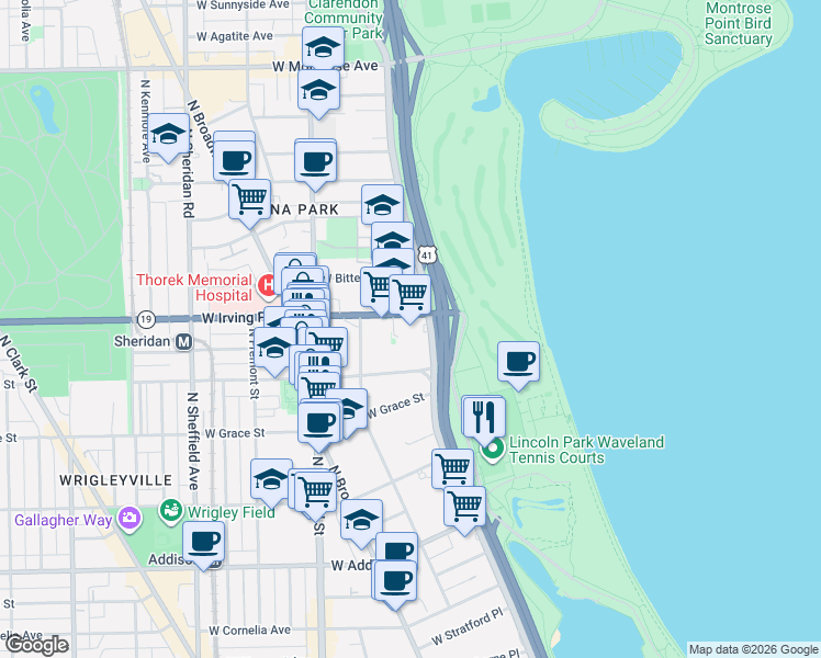 map of restaurants, bars, coffee shops, grocery stores, and more near 3950 North Lake Shore Drive in Chicago