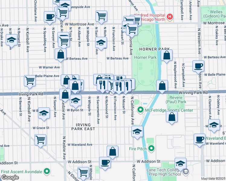map of restaurants, bars, coffee shops, grocery stores, and more near 2900 West Irving Park Road in Chicago