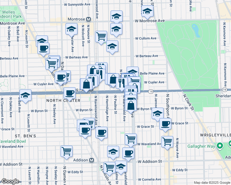 map of restaurants, bars, coffee shops, grocery stores, and more near West Irving Park Road & North Paulina Street in Chicago