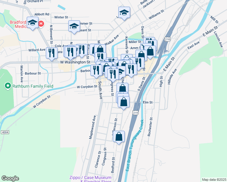 map of restaurants, bars, coffee shops, grocery stores, and more near 72 Congress Street in Bradford