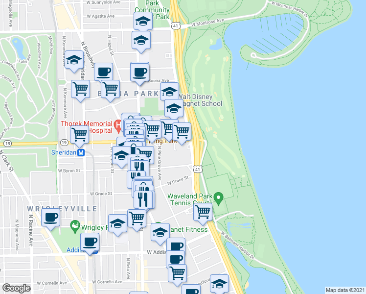 map of restaurants, bars, coffee shops, grocery stores, and more near 638 West Sheridan Road in Chicago