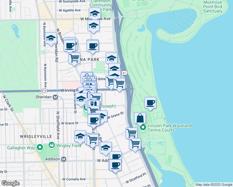 map of restaurants, bars, coffee shops, grocery stores, and more near 638 West Sheridan Road in Chicago