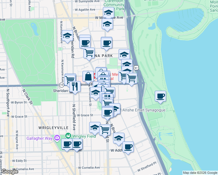 map of restaurants, bars, coffee shops, grocery stores, and more near 3923 North Clarendon Avenue in Chicago
