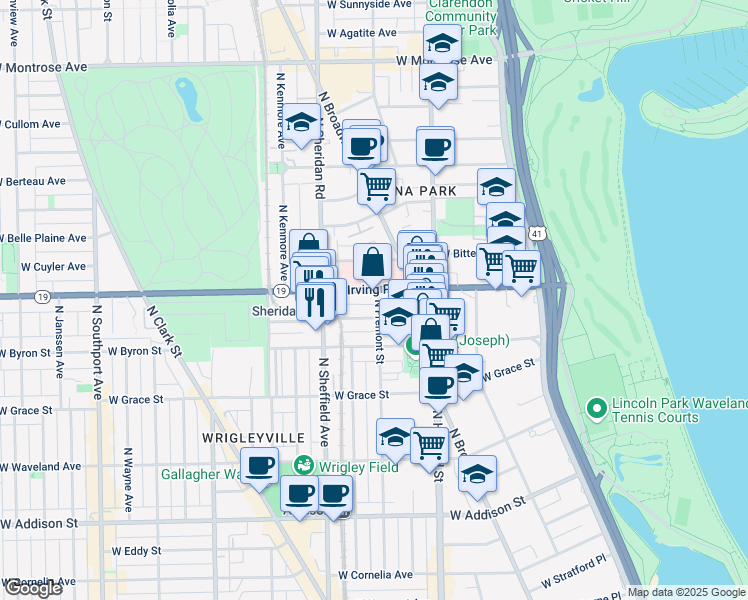 map of restaurants, bars, coffee shops, grocery stores, and more near 903 West Dakin Street in Chicago