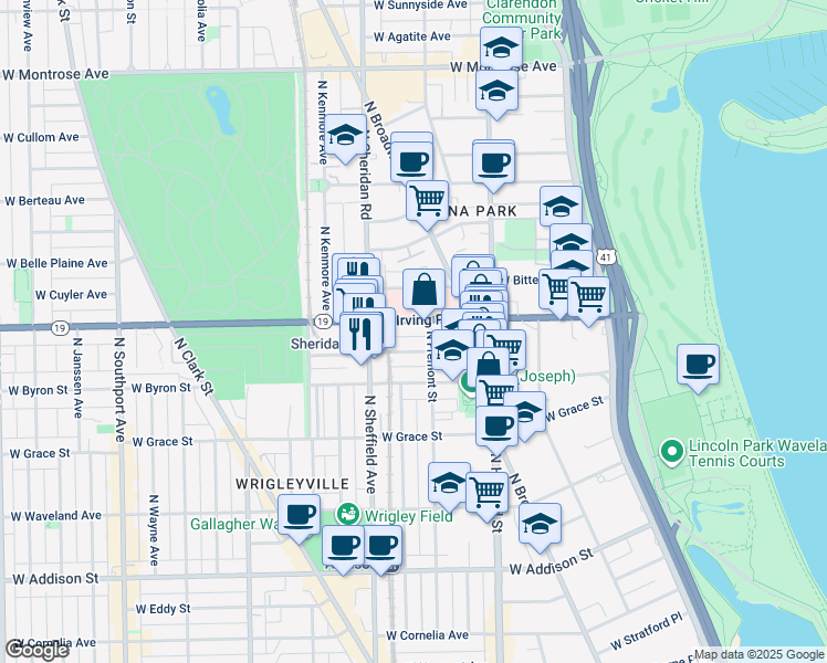 map of restaurants, bars, coffee shops, grocery stores, and more near 903 West Dakin Street in Chicago