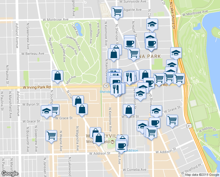 map of restaurants, bars, coffee shops, grocery stores, and more near 1022 West Dakin Street in Chicago