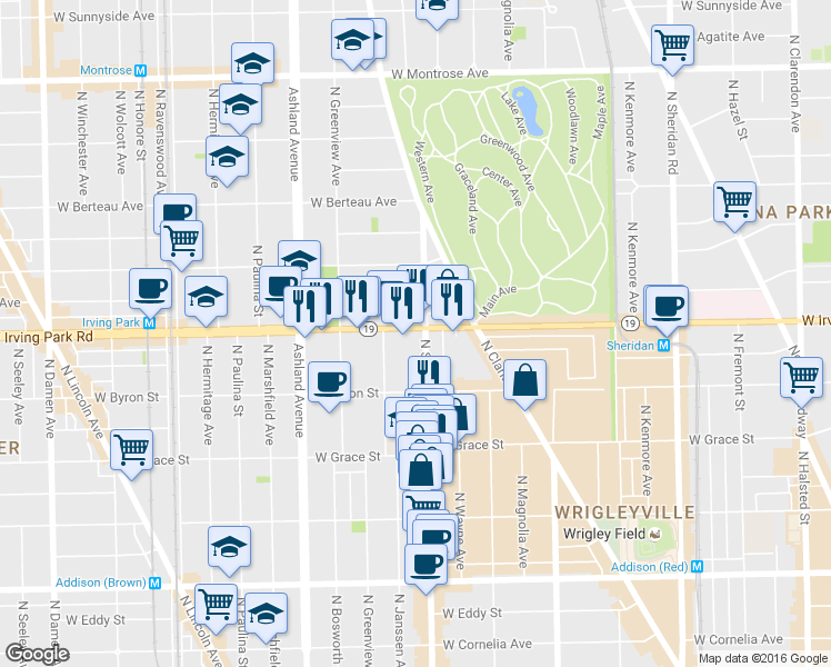 map of restaurants, bars, coffee shops, grocery stores, and more near 3915 North Southport Avenue in Chicago