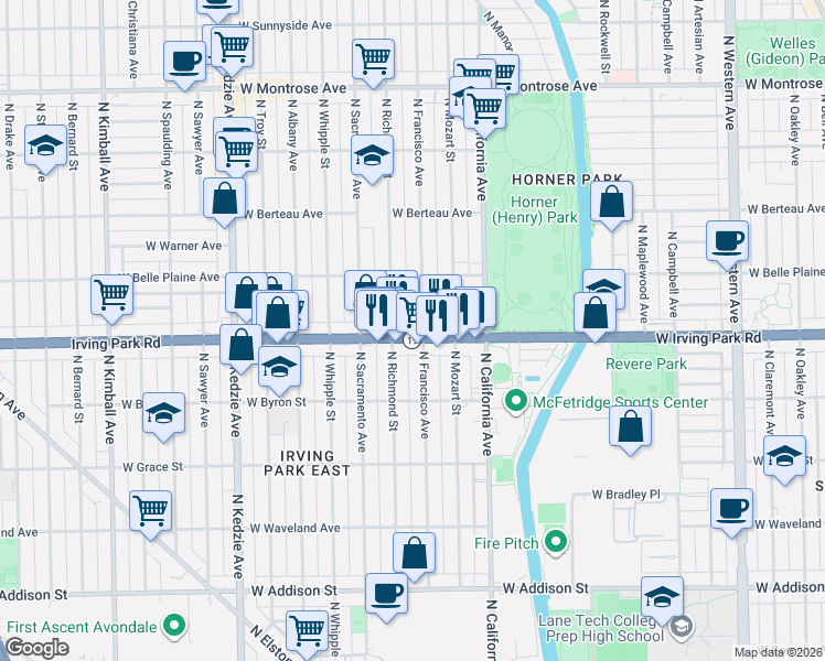 map of restaurants, bars, coffee shops, grocery stores, and more near 2859 West Irving Park Road in Chicago