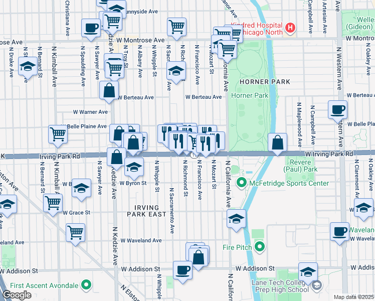 map of restaurants, bars, coffee shops, grocery stores, and more near 3944 North Richmond Street in Chicago