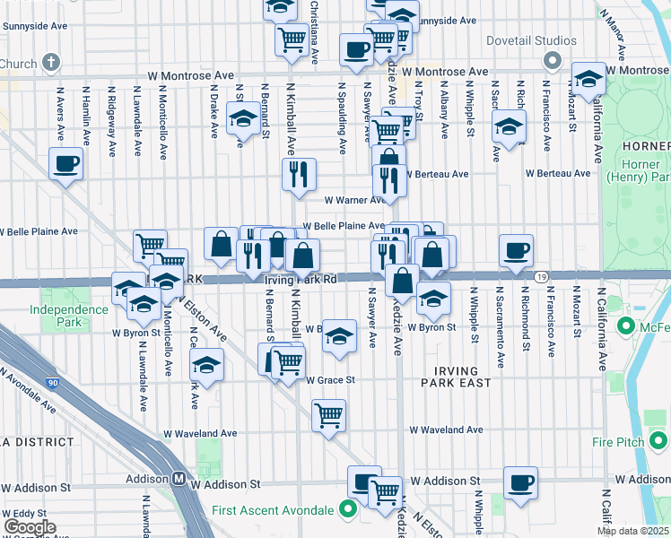 map of restaurants, bars, coffee shops, grocery stores, and more near 3309 Irving Park Road in Chicago