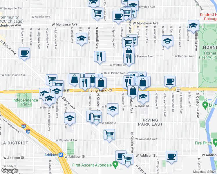 map of restaurants, bars, coffee shops, grocery stores, and more near 3309 Irving Park Road in Chicago