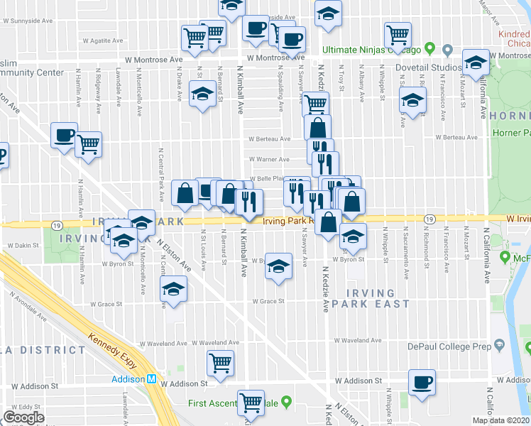 map of restaurants, bars, coffee shops, grocery stores, and more near 3309 Irving Park Road in Chicago
