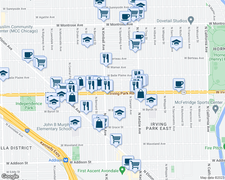 map of restaurants, bars, coffee shops, grocery stores, and more near 3951 North Kimball Avenue in Chicago
