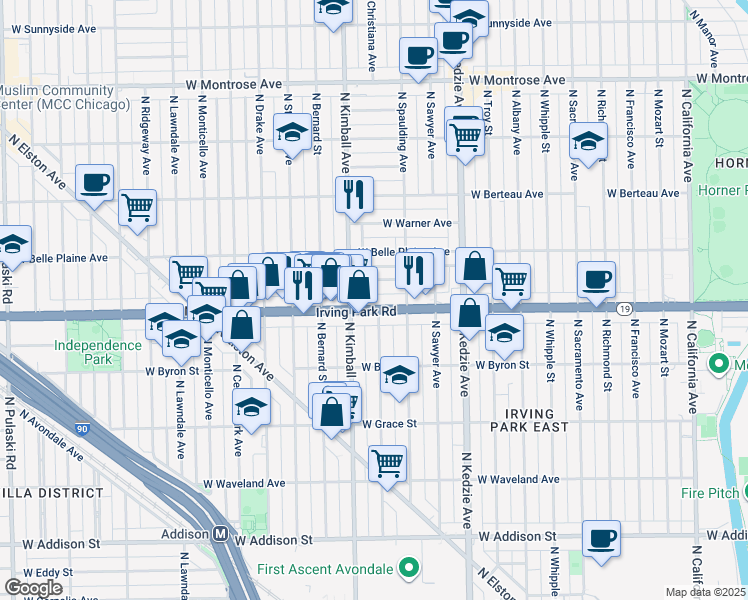 map of restaurants, bars, coffee shops, grocery stores, and more near 3951 North Kimball Avenue in Chicago
