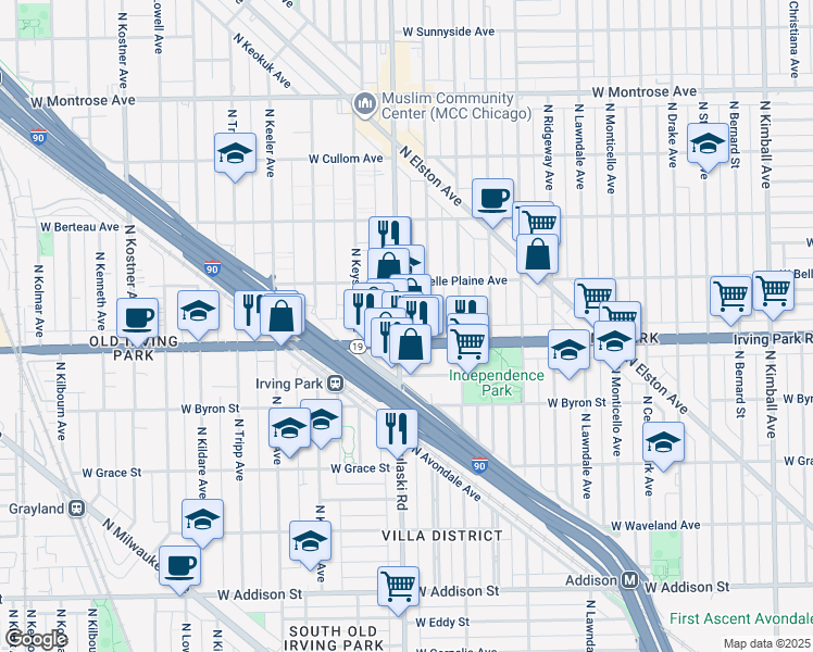 map of restaurants, bars, coffee shops, grocery stores, and more near 3965 Illinois 19 in Chicago