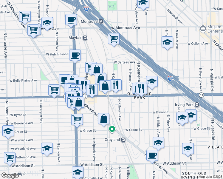 map of restaurants, bars, coffee shops, grocery stores, and more near 4543 Illinois 19 in Chicago