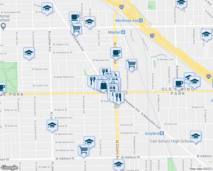 map of restaurants, bars, coffee shops, grocery stores, and more near 4828 Illinois 19 in Chicago