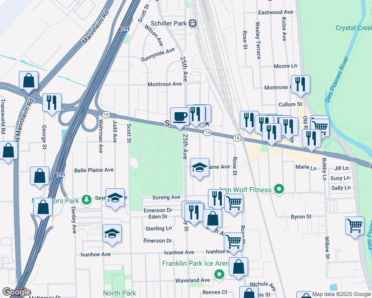 map of restaurants, bars, coffee shops, grocery stores, and more near 4121 25th Avenue in Schiller Park