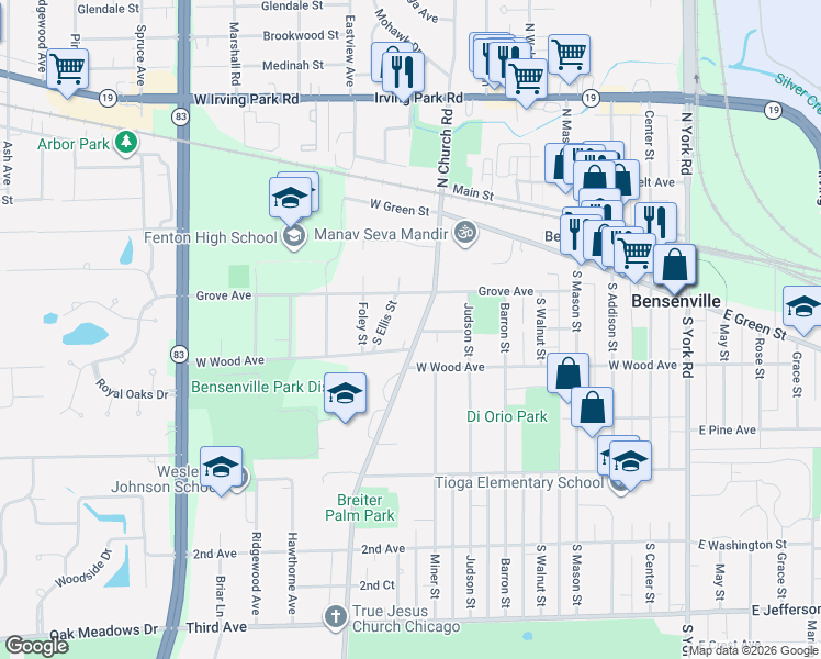 map of restaurants, bars, coffee shops, grocery stores, and more near 180 South Church Road in Bensenville