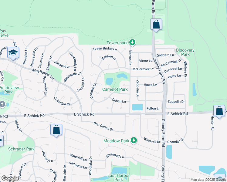 map of restaurants, bars, coffee shops, grocery stores, and more near 2105 Camden Lane in Hanover Park