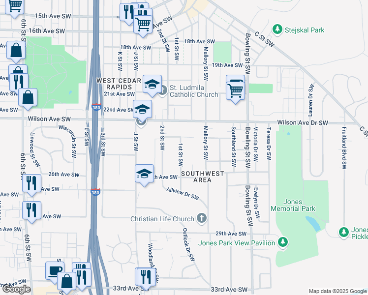 map of restaurants, bars, coffee shops, grocery stores, and more near 2444 1st Street Southwest in Cedar Rapids