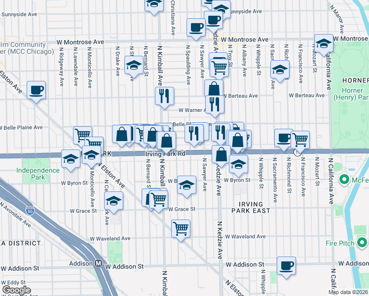 map of restaurants, bars, coffee shops, grocery stores, and more near 3300 West Irving Park Road in Chicago