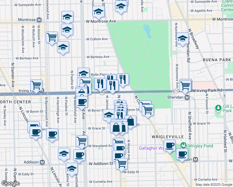 map of restaurants, bars, coffee shops, grocery stores, and more near 1401 West Irving Park Road in Chicago