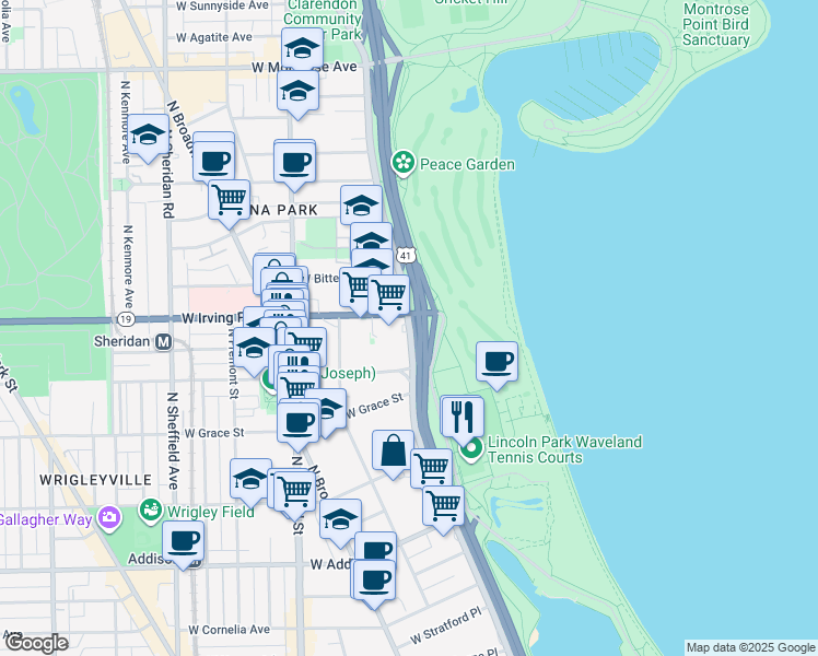 map of restaurants, bars, coffee shops, grocery stores, and more near 3970 North Lake Shore Drive in Chicago
