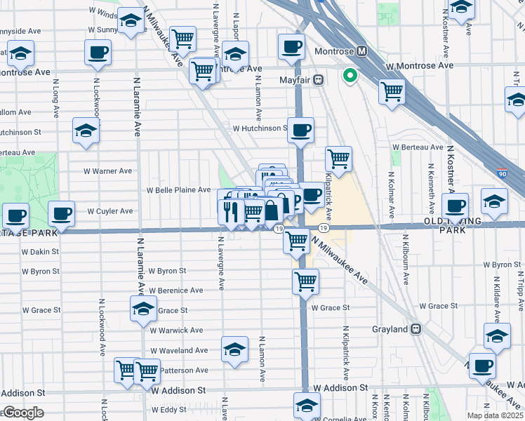 map of restaurants, bars, coffee shops, grocery stores, and more near 4913 West Cuyler Avenue in Chicago