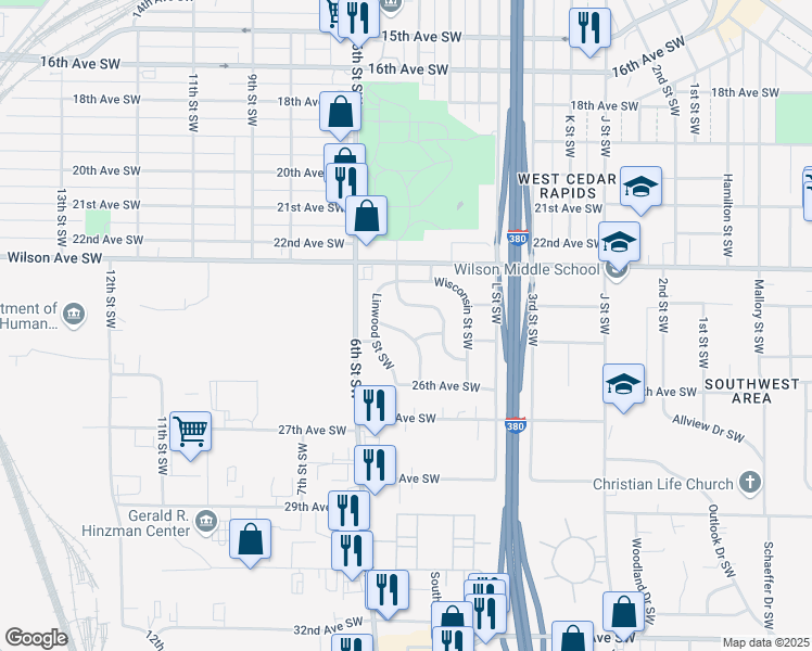 map of restaurants, bars, coffee shops, grocery stores, and more near 2515 Indiana Street Southwest in Cedar Rapids