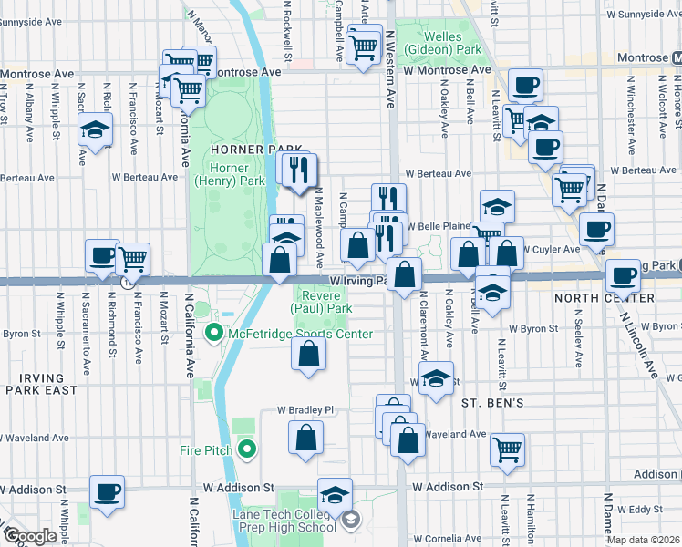 map of restaurants, bars, coffee shops, grocery stores, and more near 2510 West Irving Park Road in Chicago